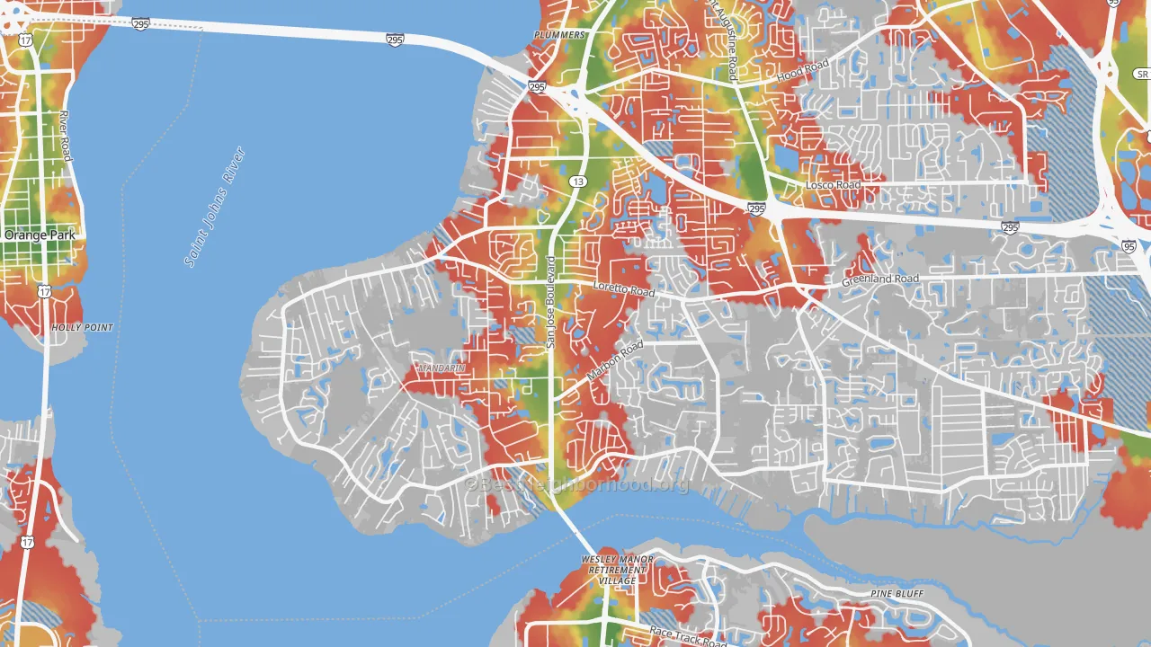 Walk Grade map of 32223, FL, walkable areas in green and car-dependent areas in red