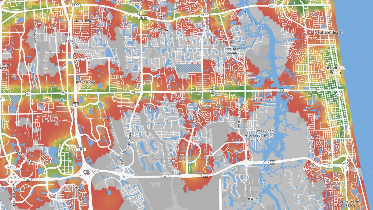 Walk Grade map of 32224, FL, walkable areas in green and car-dependent areas in red