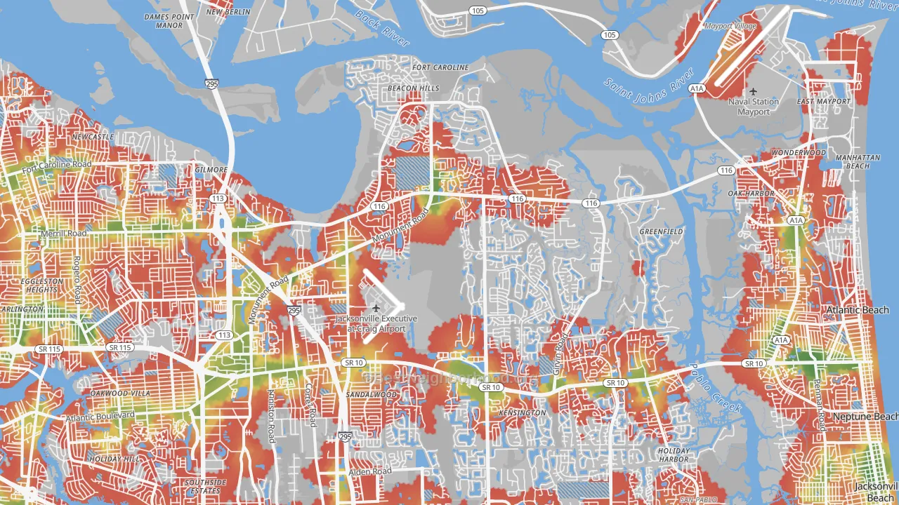 Walk Grade map of 32225, FL, walkable areas in green and car-dependent areas in red