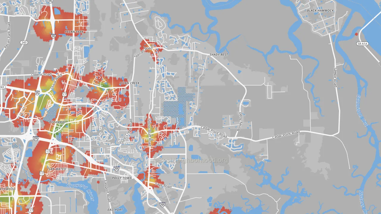 Walk Grade map of 32226, FL, walkable areas in green and car-dependent areas in red