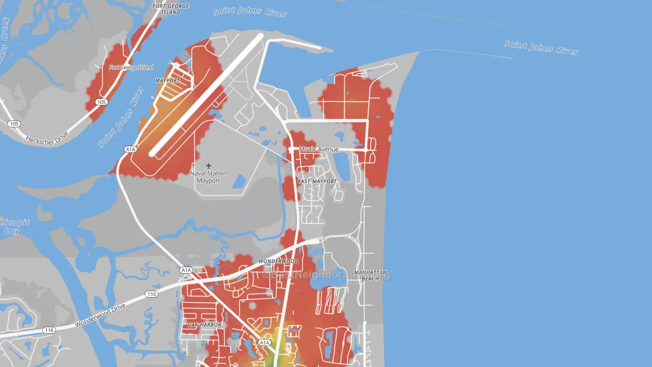 Walk Grade map of 32227, FL, walkable areas in green and car-dependent areas in red