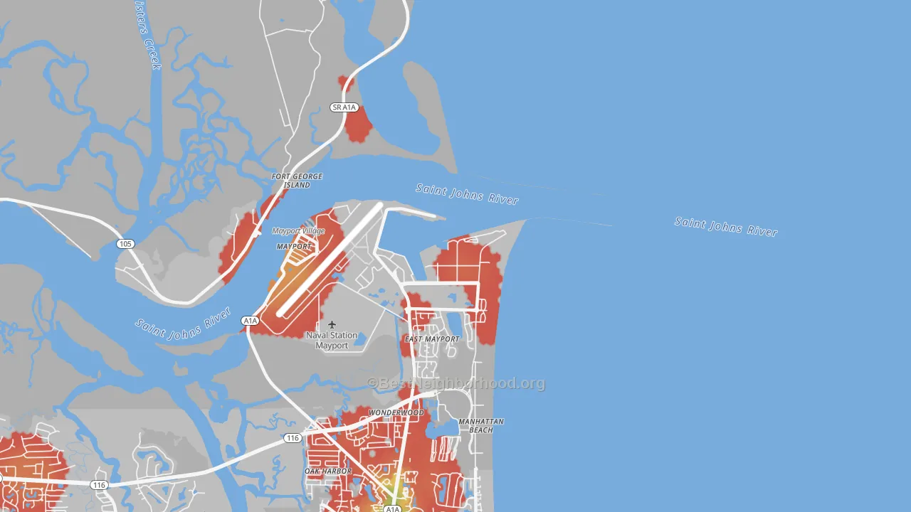 Walk Grade map of 32228, FL, walkable areas in green and car-dependent areas in red