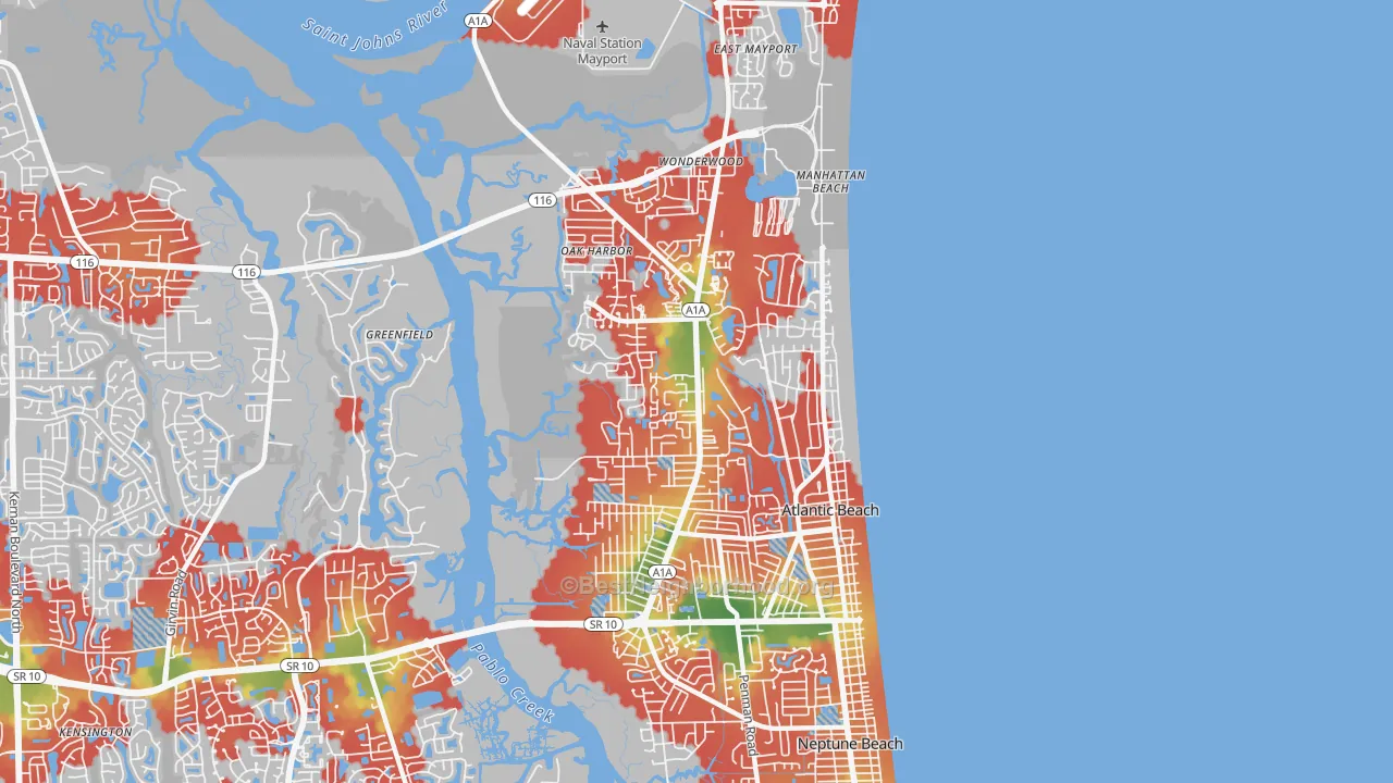 Walk Grade map of 32233, FL, walkable areas in green and car-dependent areas in red