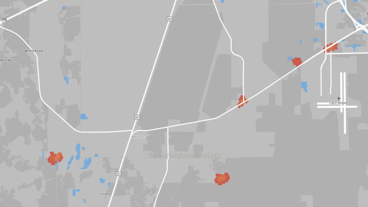 Walk Grade map of 32234, FL, walkable areas in green and car-dependent areas in red