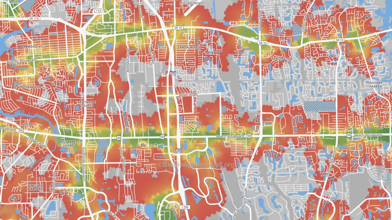 Walk Grade map of 32246, FL, walkable areas in green and car-dependent areas in red