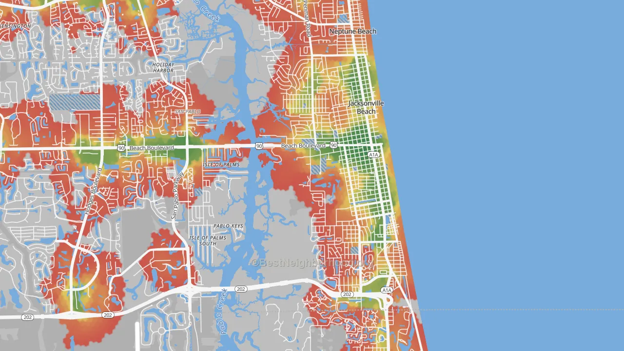 Walk Grade map of 32250, FL, walkable areas in green and car-dependent areas in red