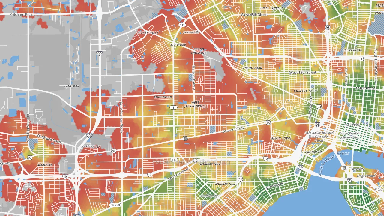 Walk Grade map of 32254, FL, walkable areas in green and car-dependent areas in red