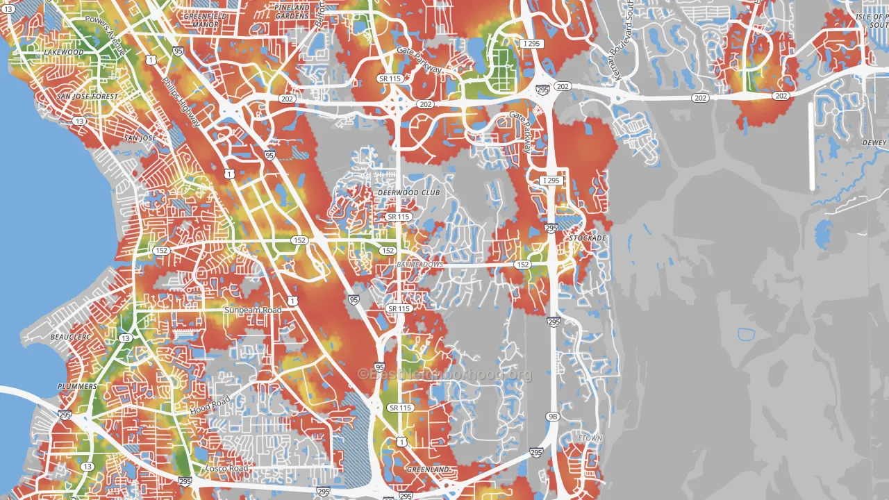 Walk Grade map of 32256, FL, walkable areas in green and car-dependent areas in red