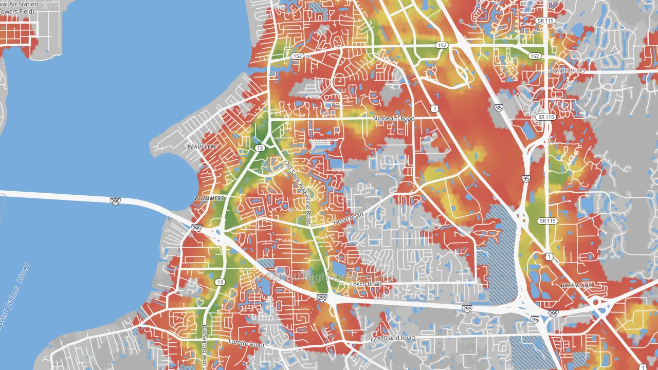 Walk Grade map of 32257, FL, walkable areas in green and car-dependent areas in red