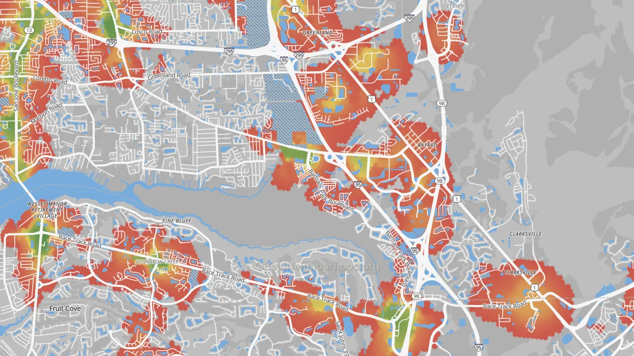 Walk Grade map of 32258, FL, walkable areas in green and car-dependent areas in red