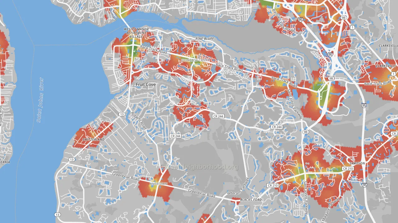 Walk Grade map of 32259, FL, walkable areas in green and car-dependent areas in red