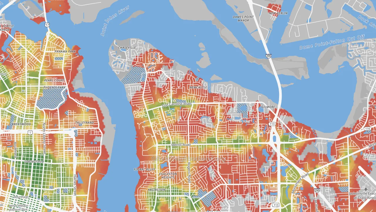 Walk Grade map of 32277, FL, walkable areas in green and car-dependent areas in red