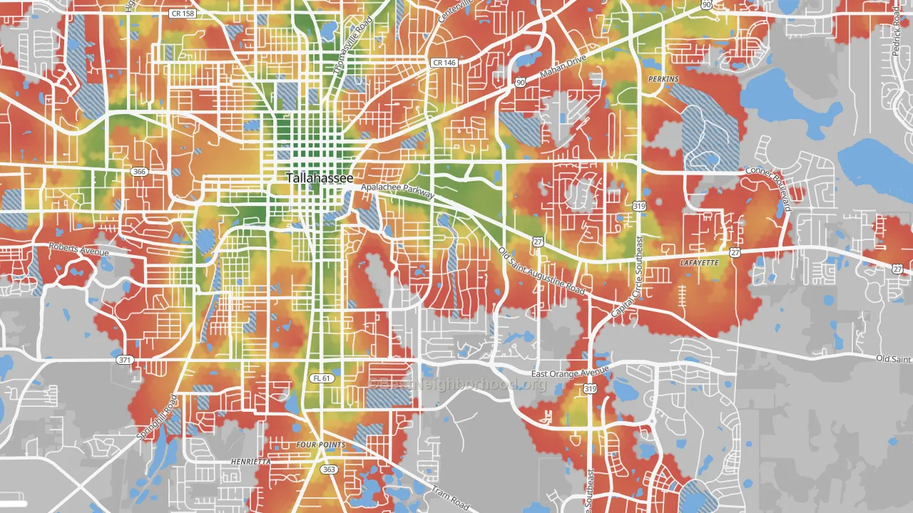 Walk Grade map of 32301, FL, walkable areas in green and car-dependent areas in red
