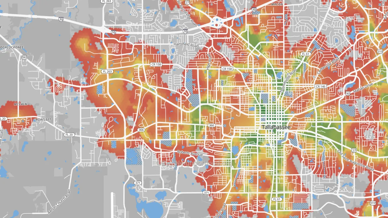 Walk Grade map of 32304, FL, walkable areas in green and car-dependent areas in red