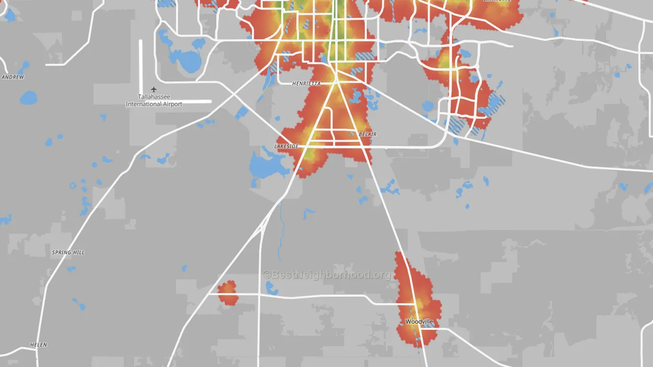 Walk Grade map of 32305, FL, walkable areas in green and car-dependent areas in red