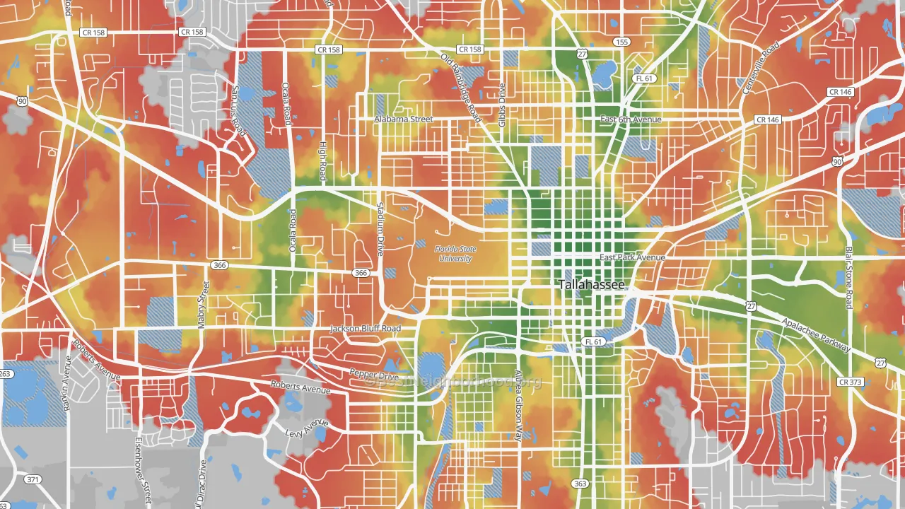 Walk Grade map of 32306, FL, walkable areas in green and car-dependent areas in red
