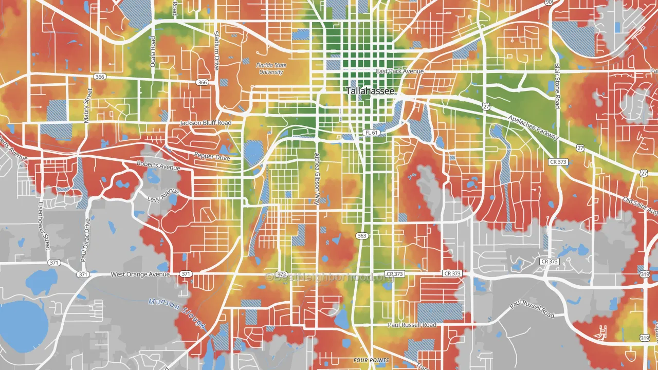 Walk Grade map of 32307, FL, walkable areas in green and car-dependent areas in red