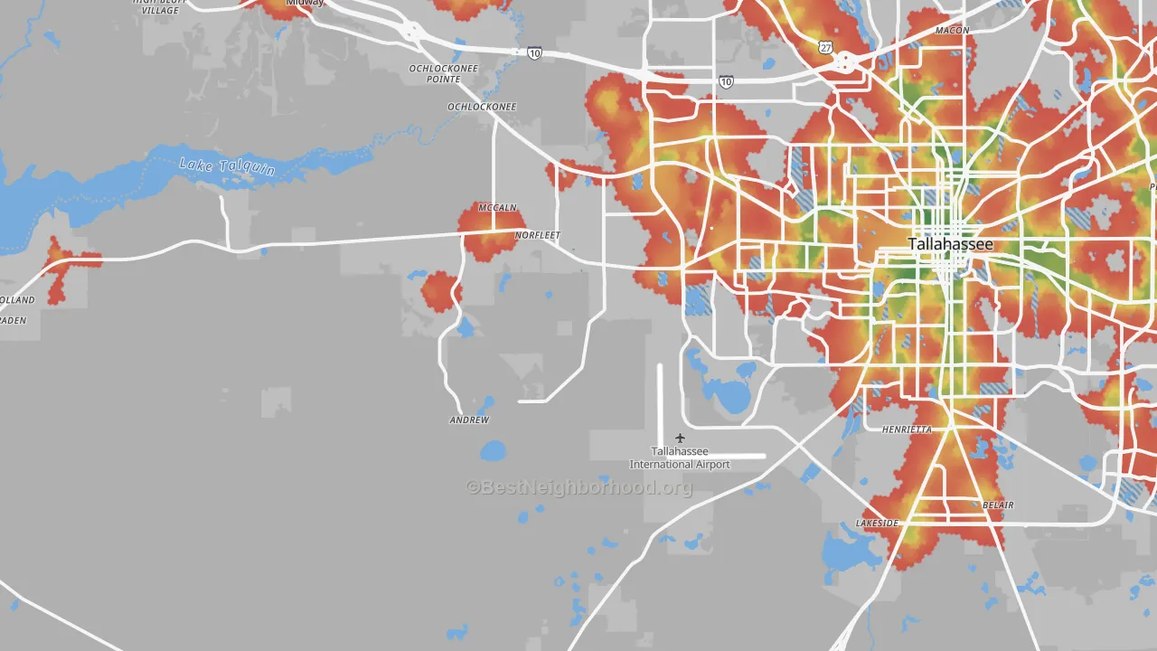 Walk Grade map of 32310, FL, walkable areas in green and car-dependent areas in red