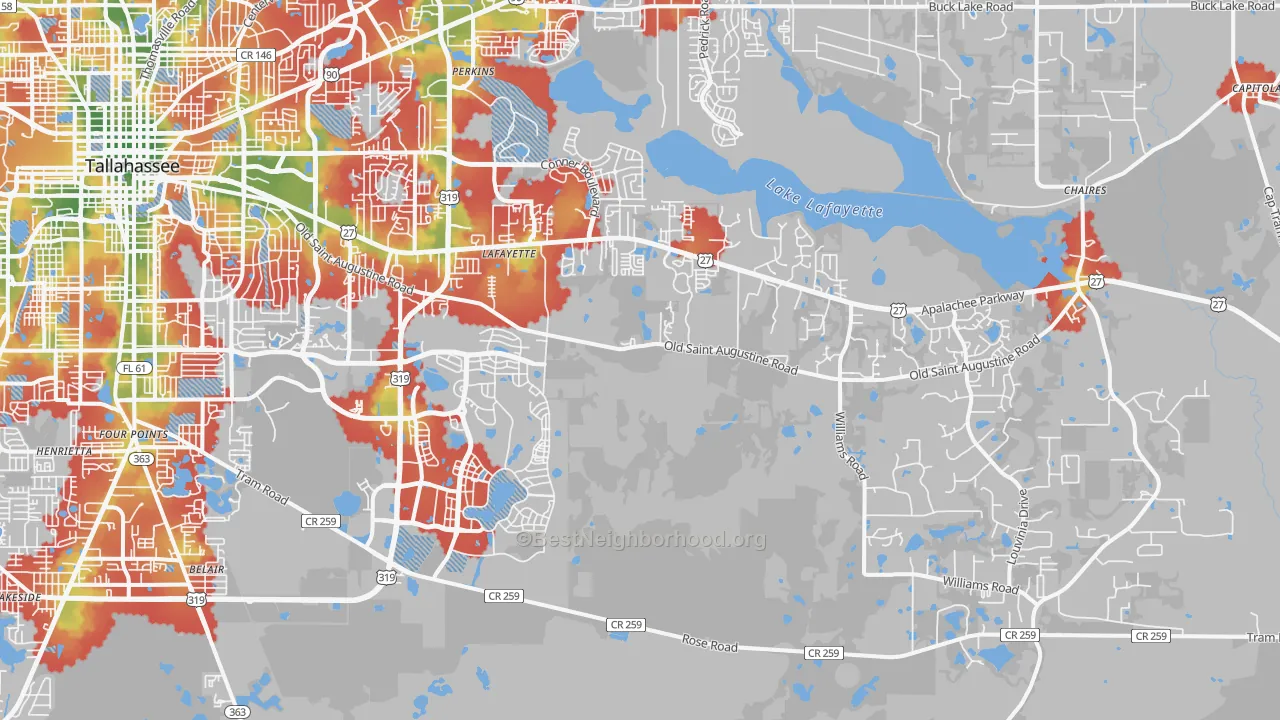 Walk Grade map of 32311, FL, walkable areas in green and car-dependent areas in red