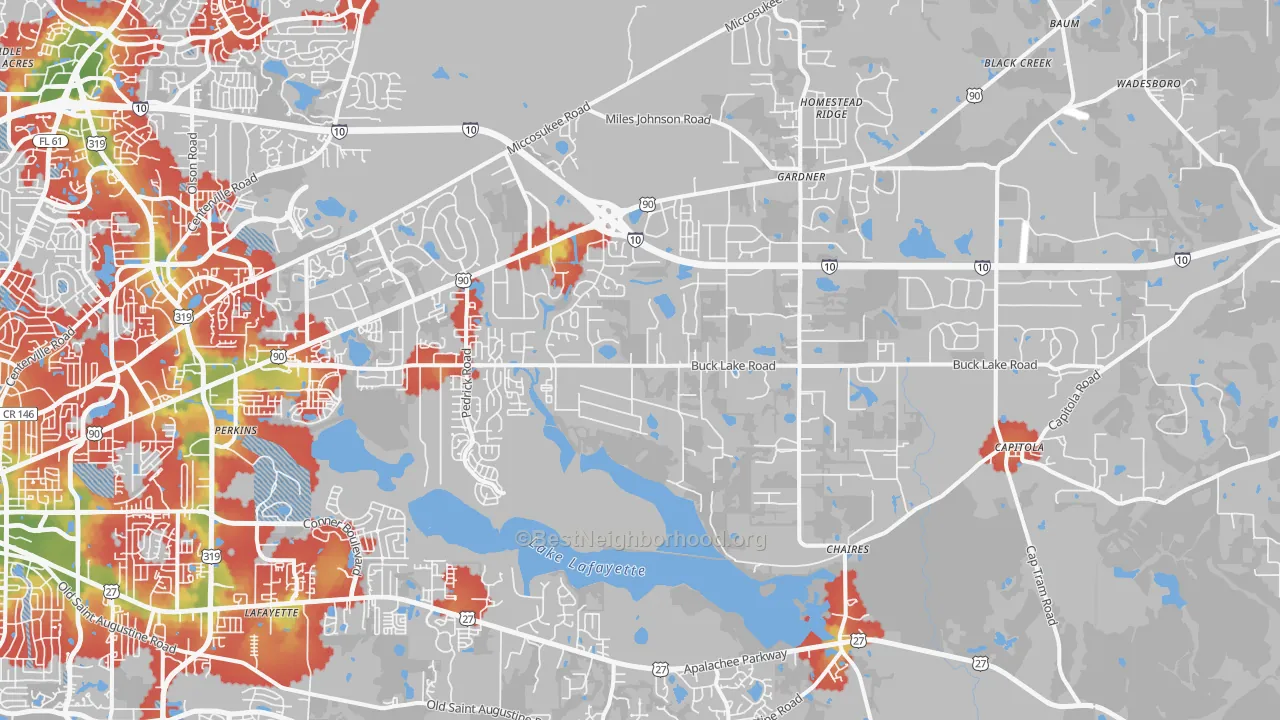 Walk Grade map of 32317, FL, walkable areas in green and car-dependent areas in red