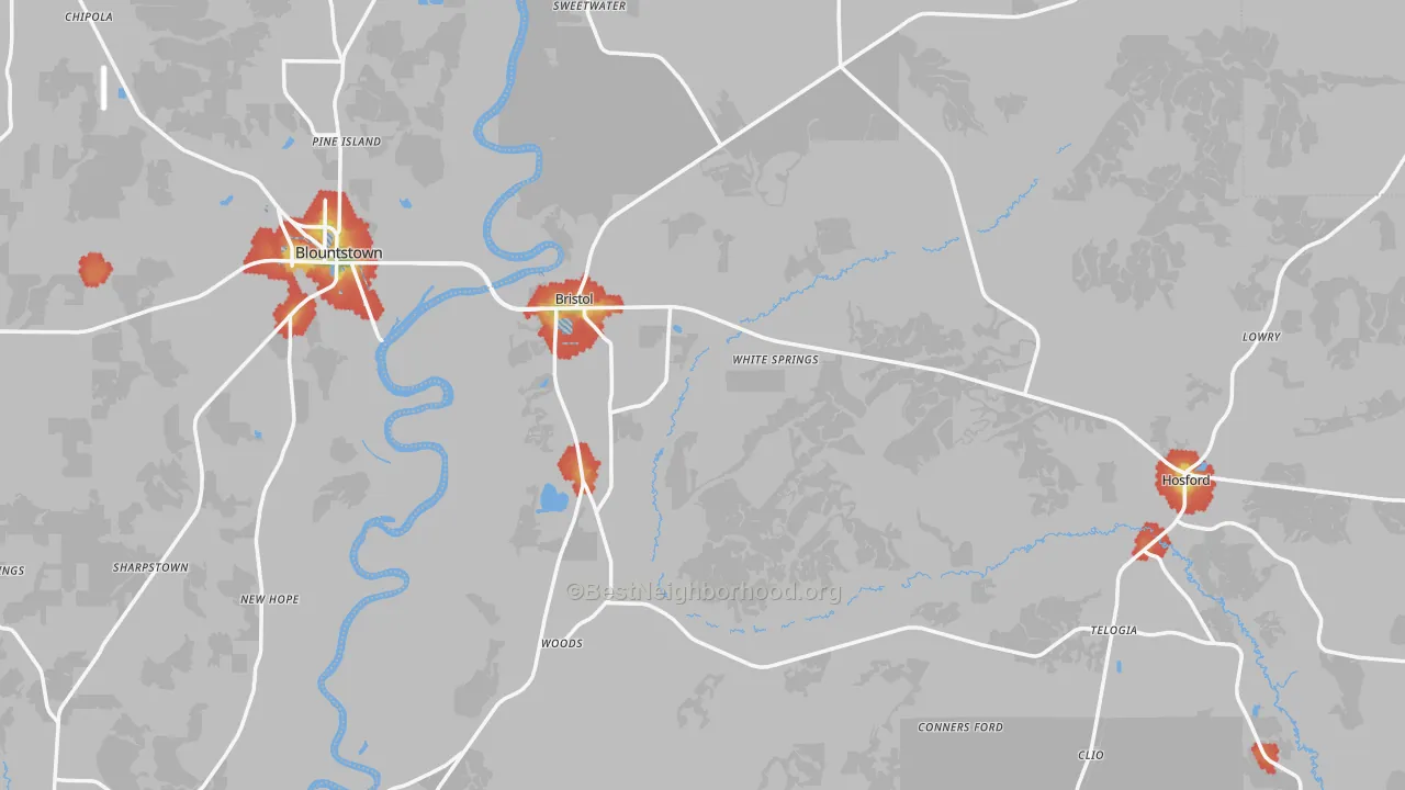 Walk Grade map of 32321, FL, walkable areas in green and car-dependent areas in red