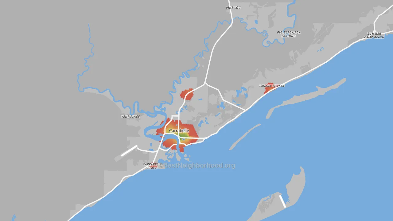 Walk Grade map of 32322, FL, walkable areas in green and car-dependent areas in red