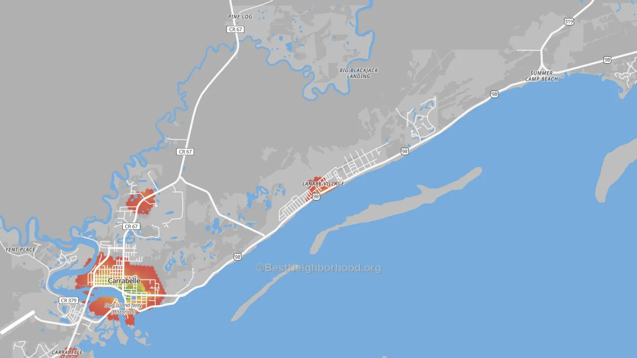 Walk Grade map of 32323, FL, walkable areas in green and car-dependent areas in red