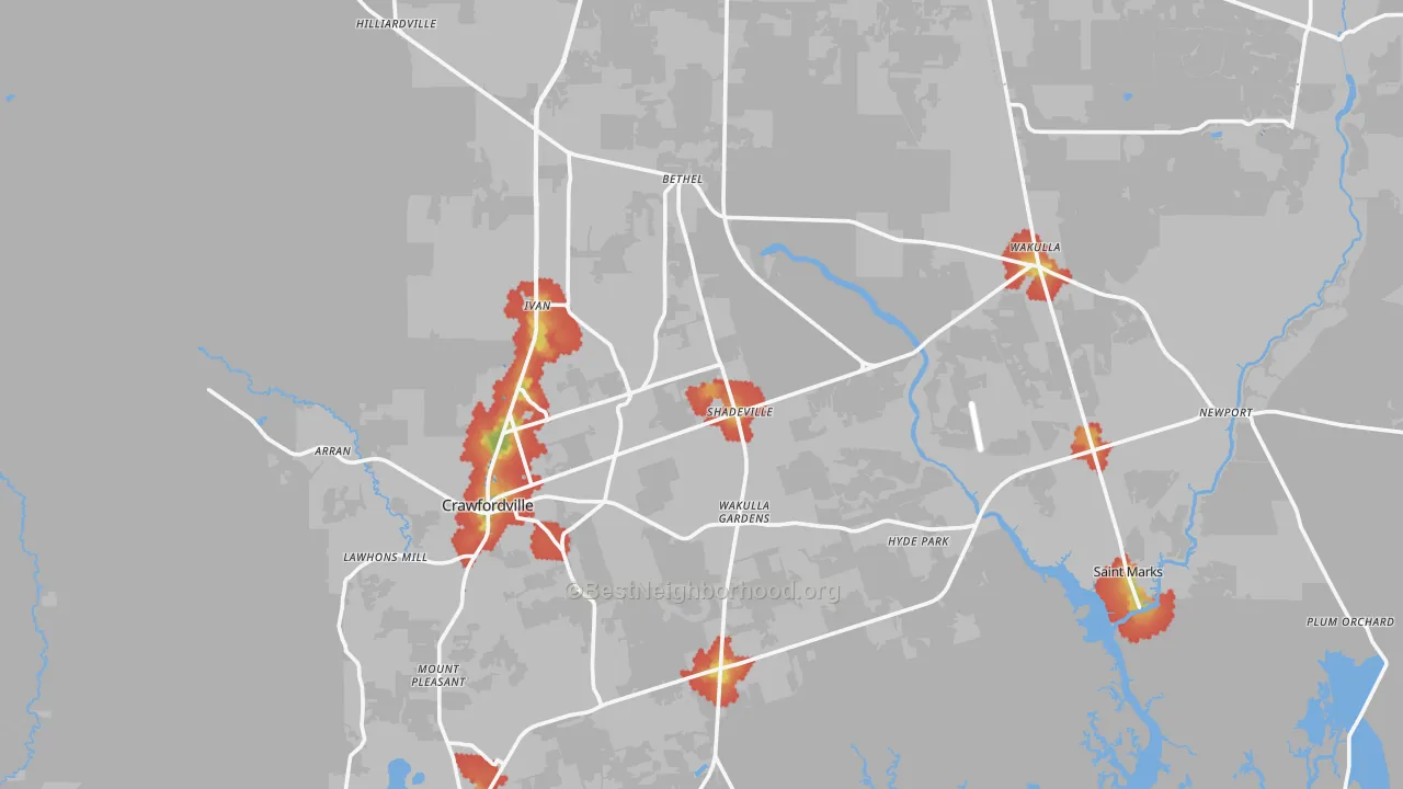 Walk Grade map of 32327, FL, walkable areas in green and car-dependent areas in red