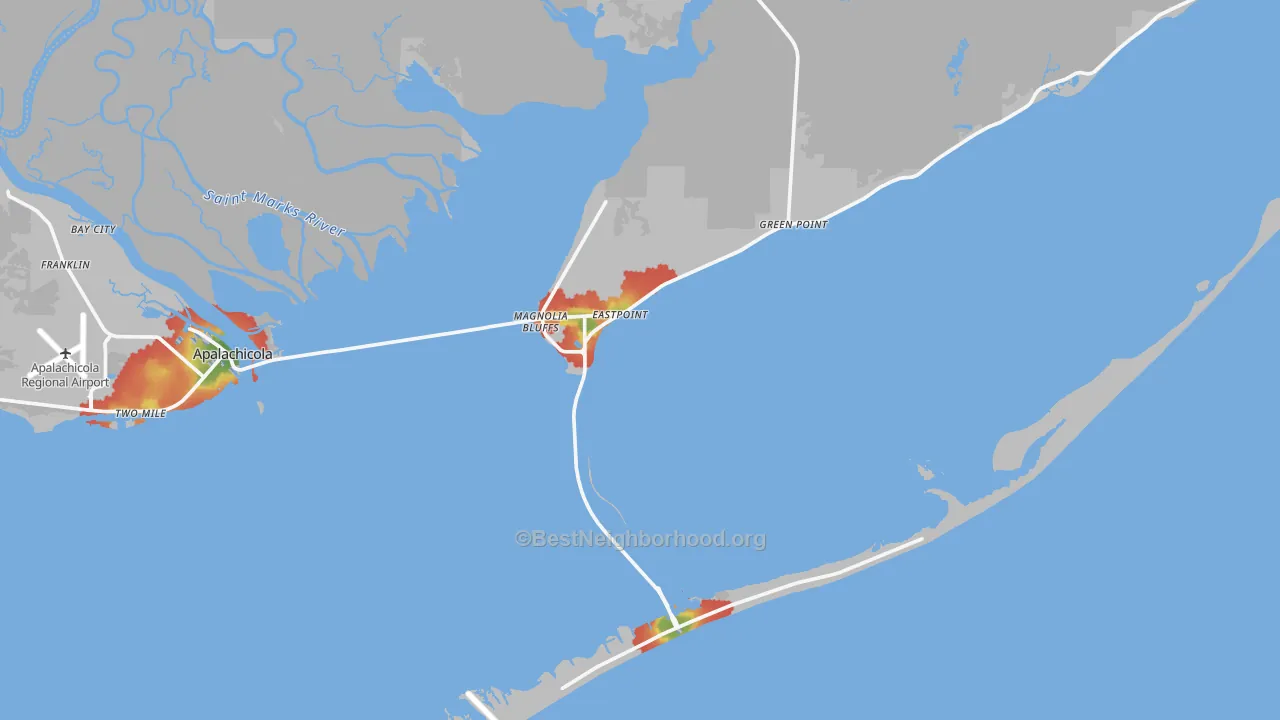 Walk Grade map of 32328, FL, walkable areas in green and car-dependent areas in red