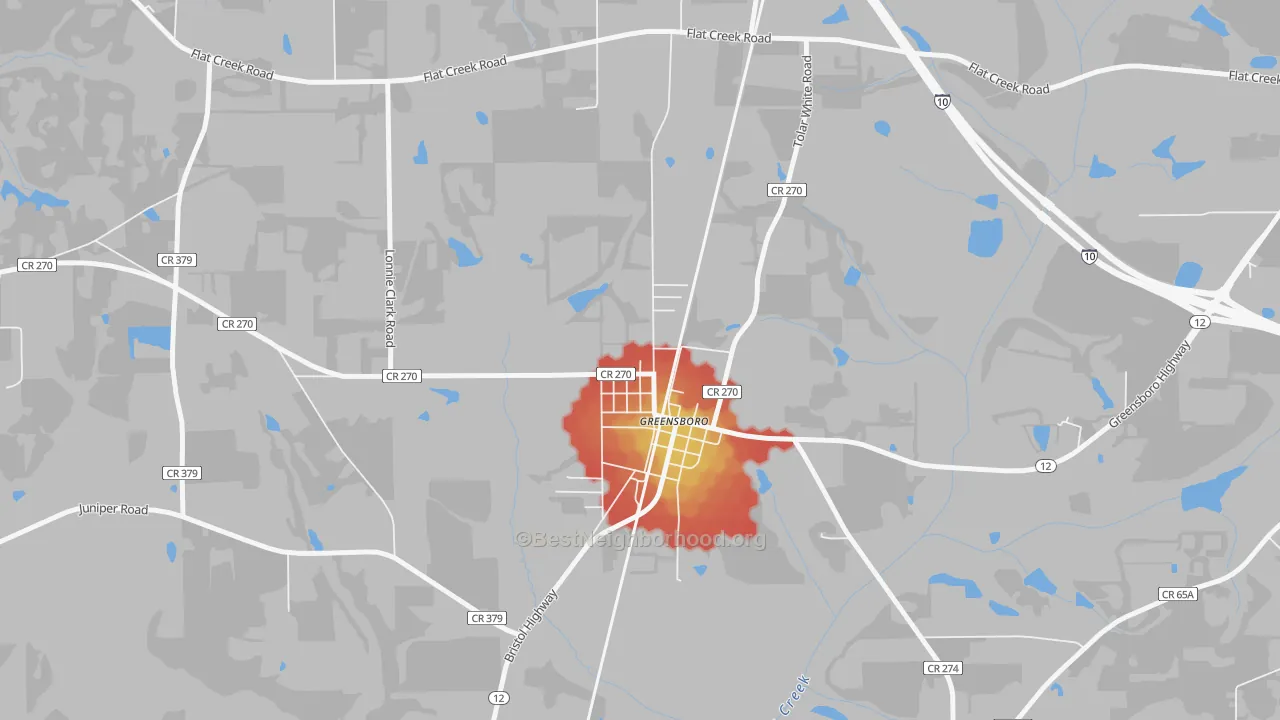 Walk Grade map of 32330, FL, walkable areas in green and car-dependent areas in red