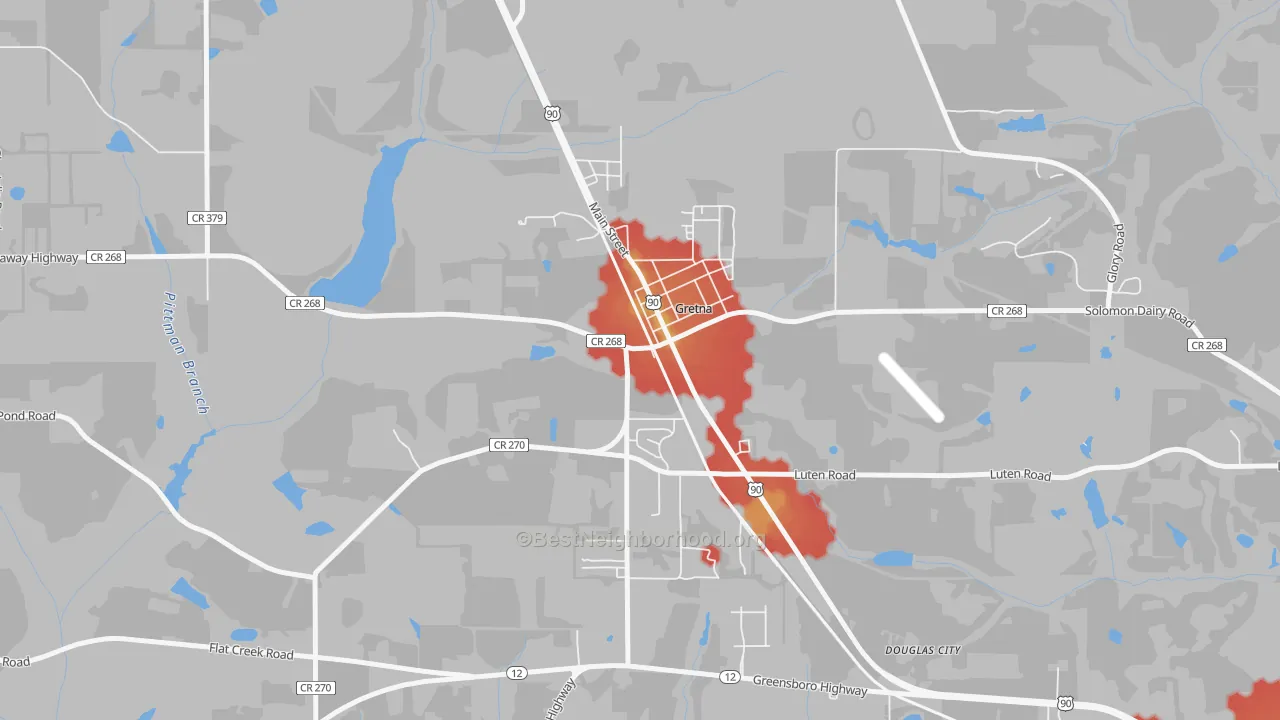 Walk Grade map of 32332, FL, walkable areas in green and car-dependent areas in red