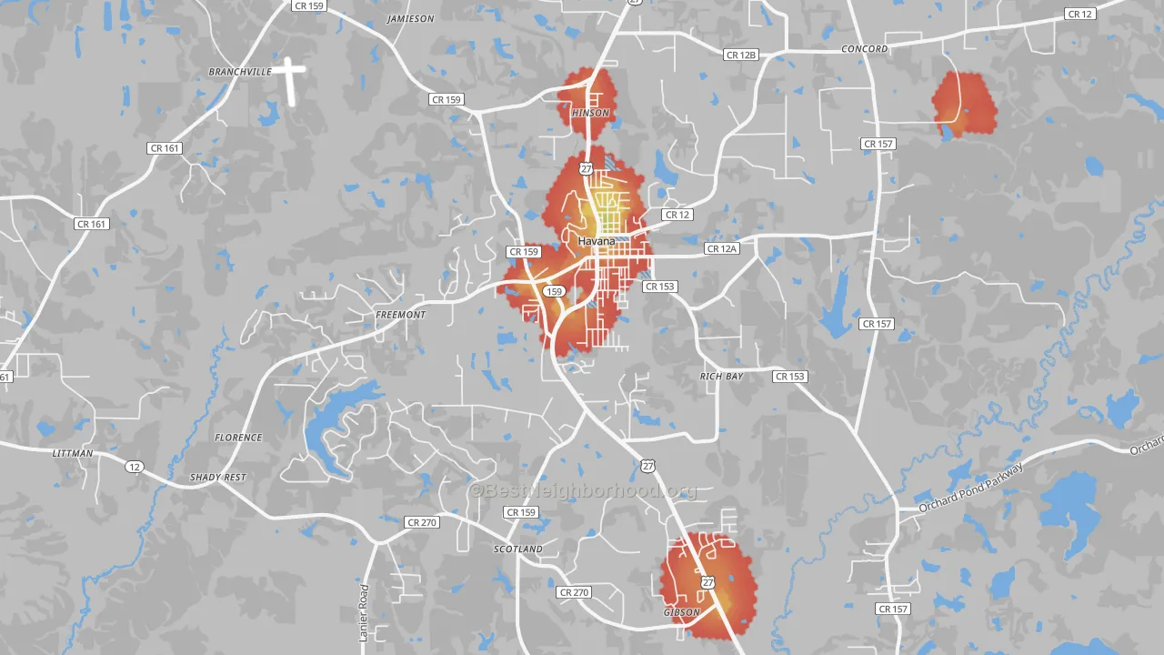 Walk Grade map of 32333, FL, walkable areas in green and car-dependent areas in red