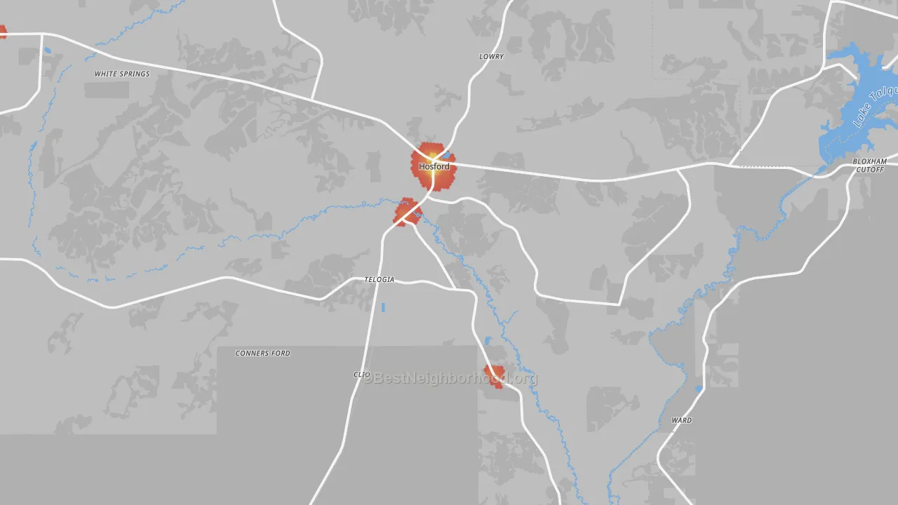 Walk Grade map of 32334, FL, walkable areas in green and car-dependent areas in red