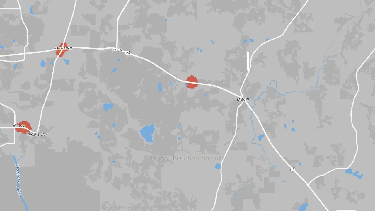 Walk Grade map of 32336, FL, walkable areas in green and car-dependent areas in red