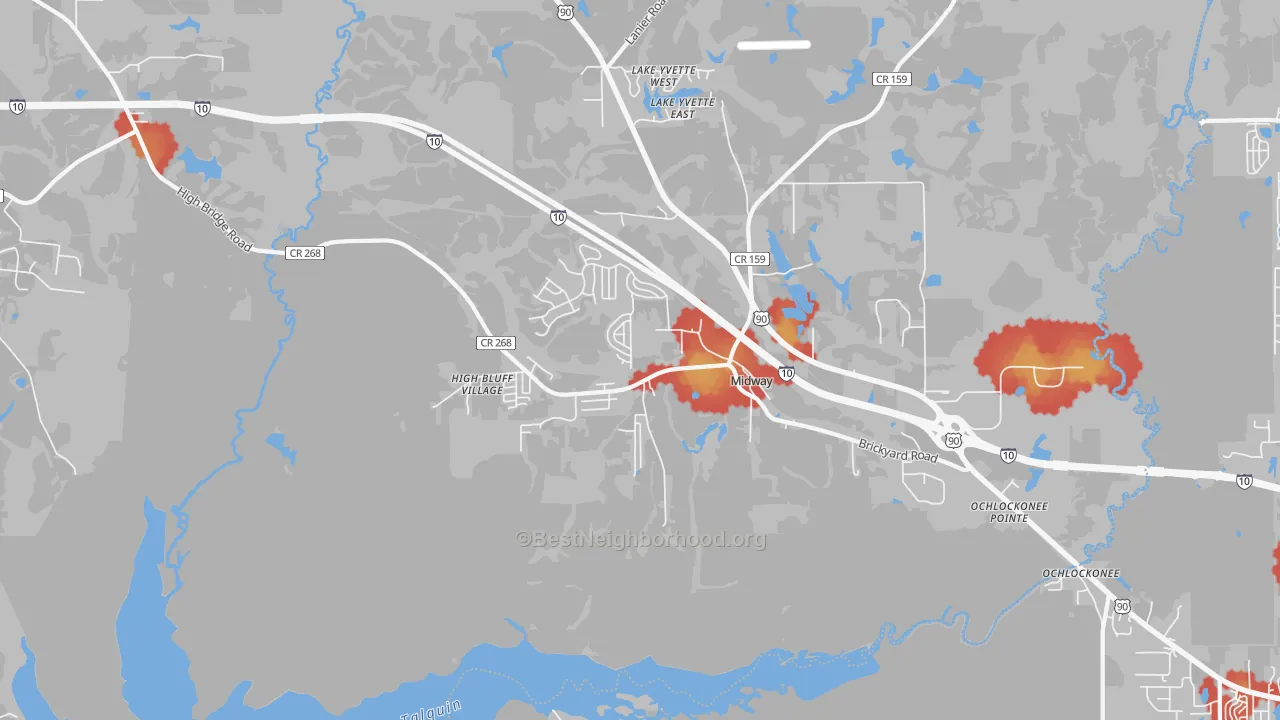Walk Grade map of 32343, FL, walkable areas in green and car-dependent areas in red