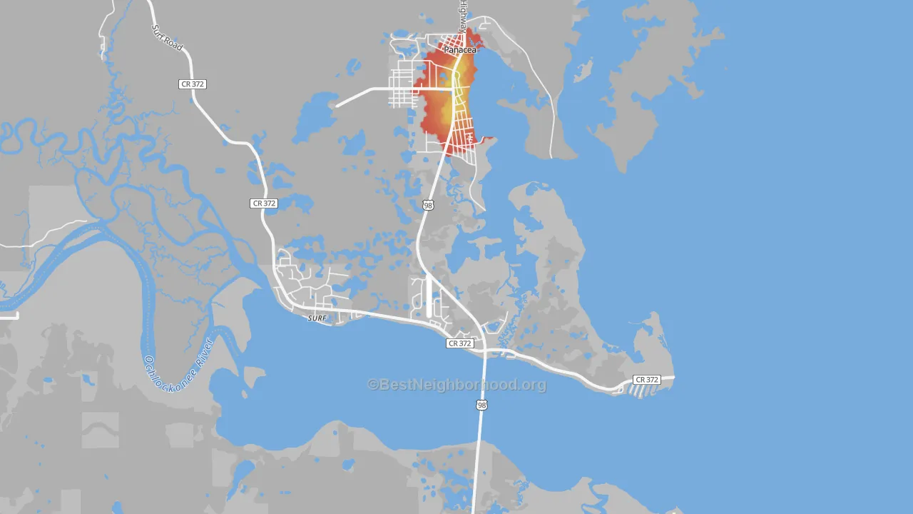 Walk Grade map of 32346, FL, walkable areas in green and car-dependent areas in red