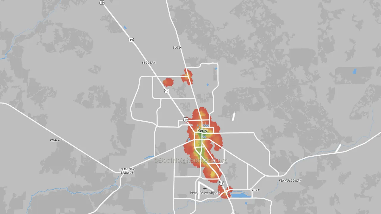 Walk Grade map of 32347, FL, walkable areas in green and car-dependent areas in red