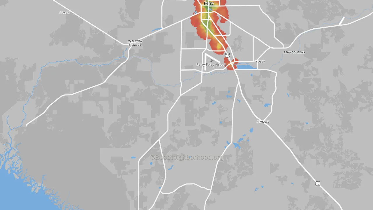 Walk Grade map of 32348, FL, walkable areas in green and car-dependent areas in red