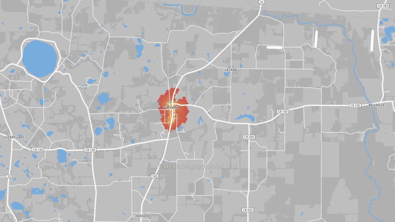 Walk Grade map of 32350, FL, walkable areas in green and car-dependent areas in red