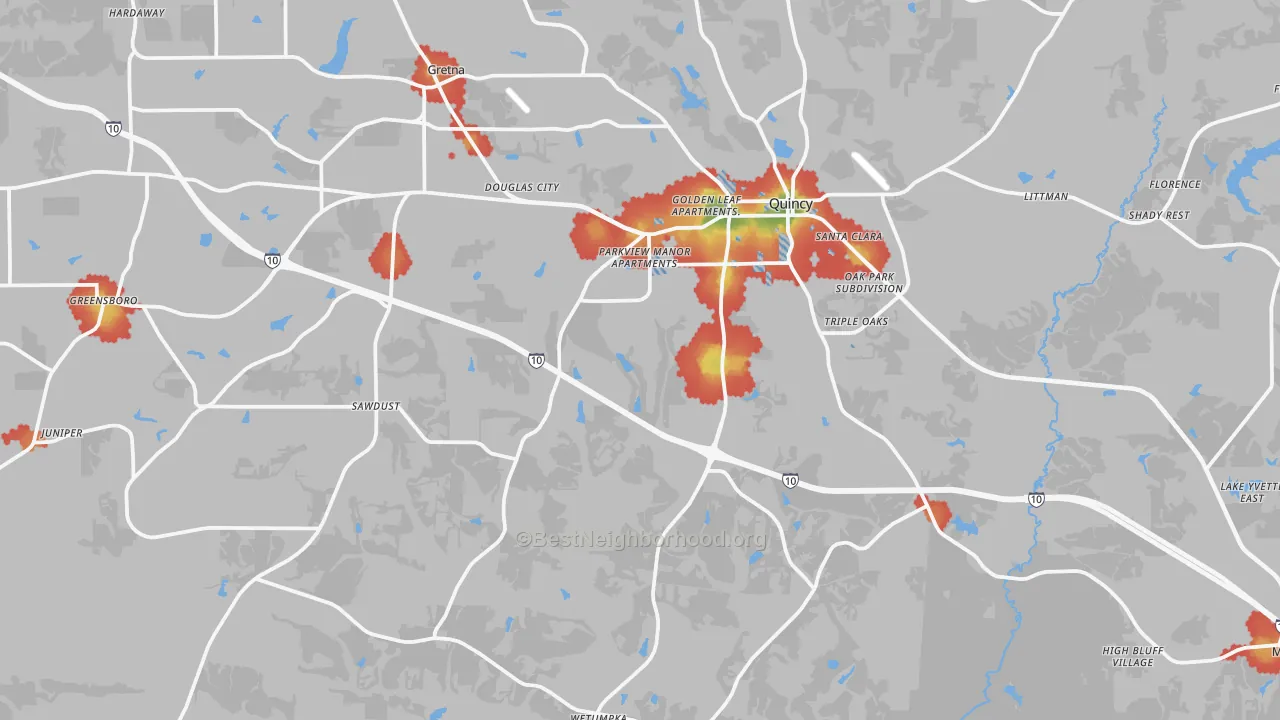 Walk Grade map of 32351, FL, walkable areas in green and car-dependent areas in red