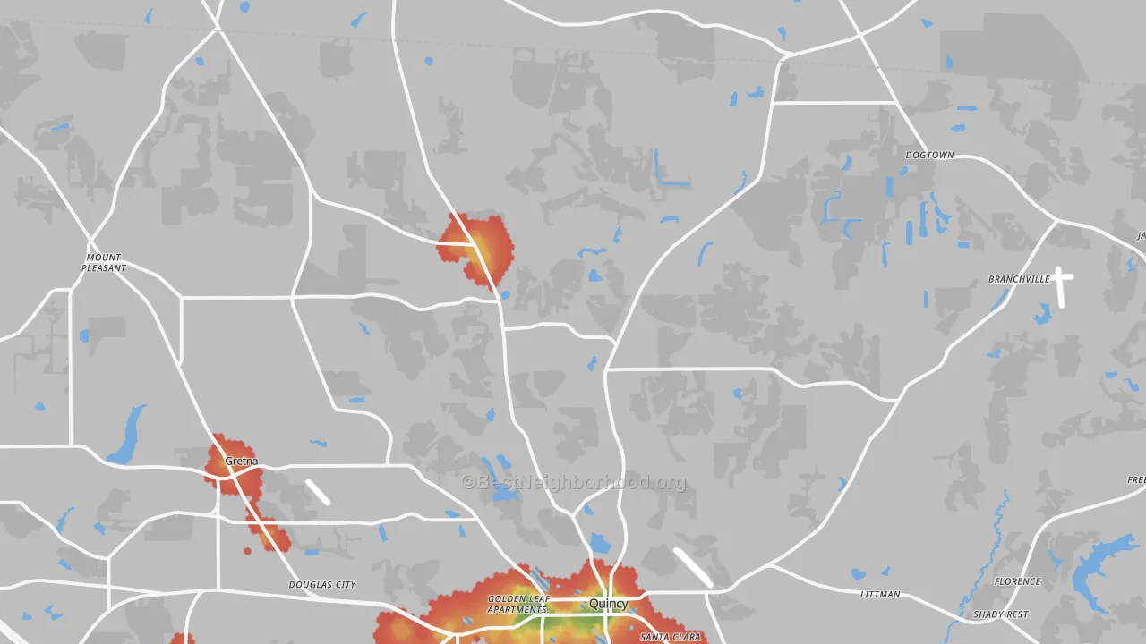 Walk Grade map of 32352, FL, walkable areas in green and car-dependent areas in red