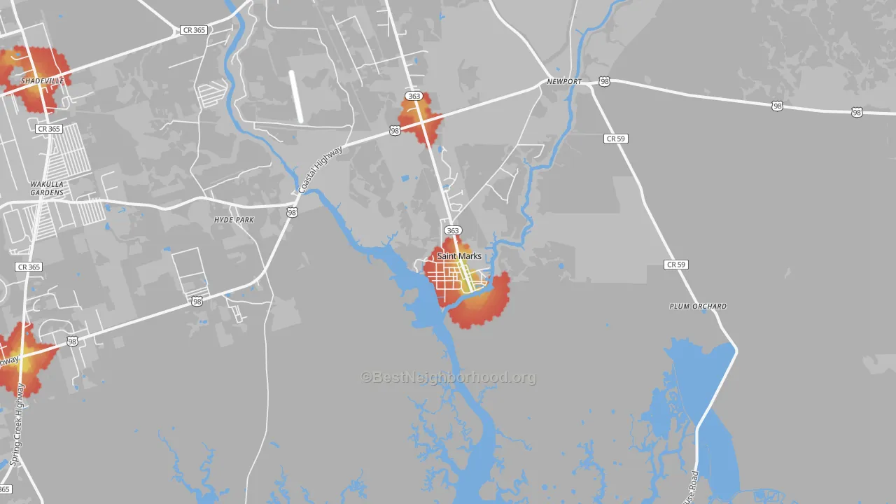 Walk Grade map of 32355, FL, walkable areas in green and car-dependent areas in red