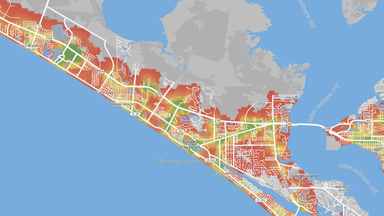 Walk Grade map of 32407, FL, walkable areas in green and car-dependent areas in red