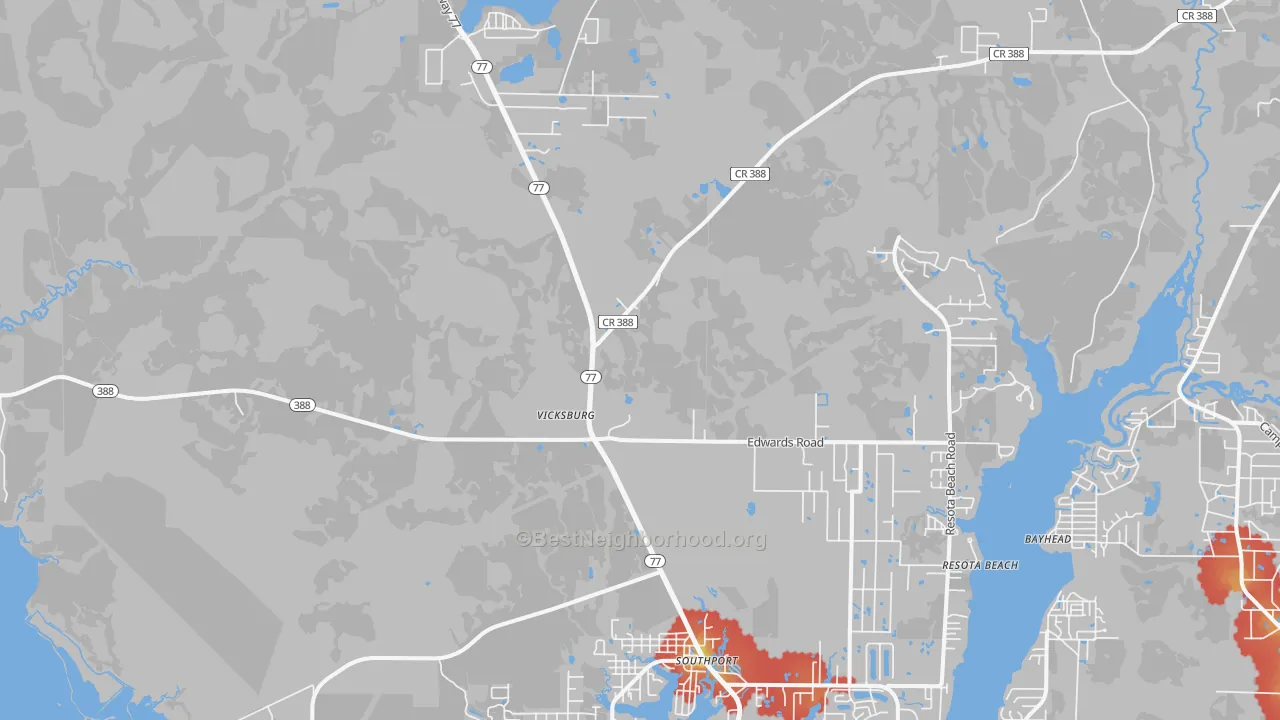 Walk Grade map of 32409, FL, walkable areas in green and car-dependent areas in red