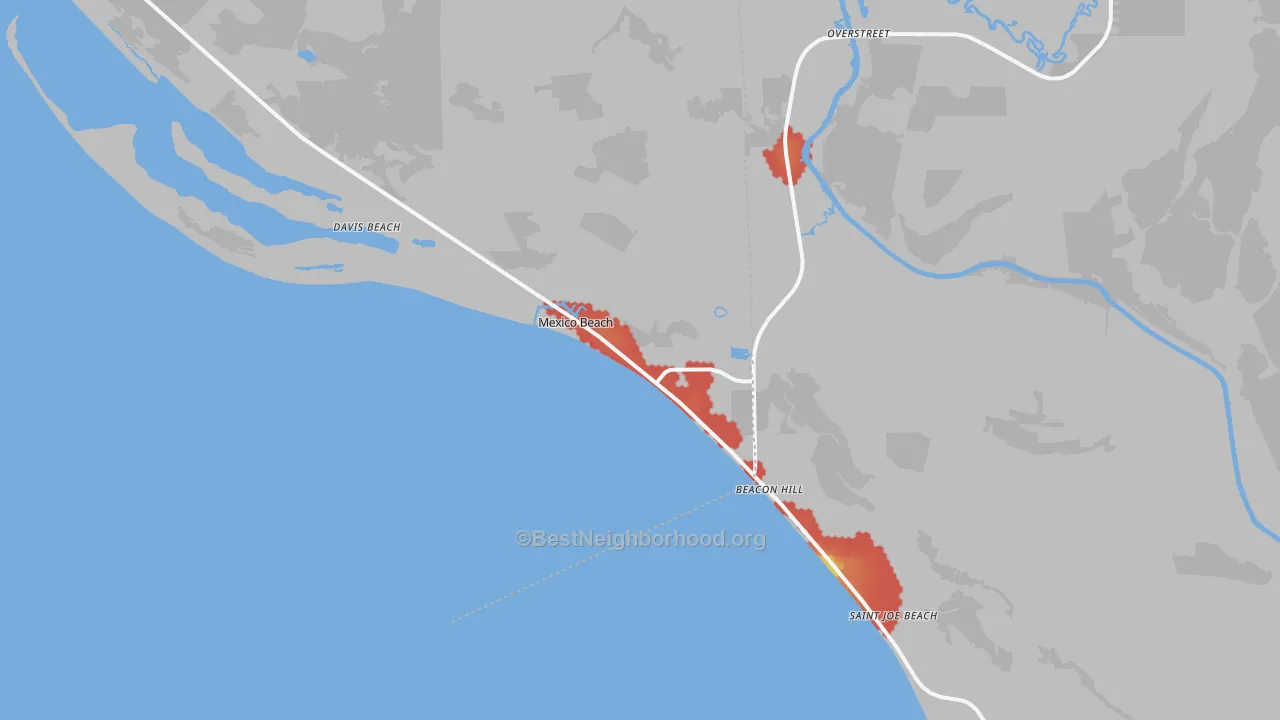 Walk Grade map of 32410, FL, walkable areas in green and car-dependent areas in red