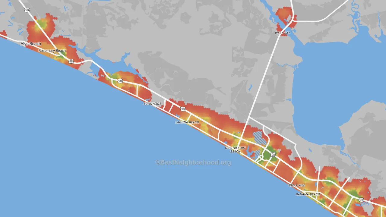Walk Grade map of 32413, FL, walkable areas in green and car-dependent areas in red
