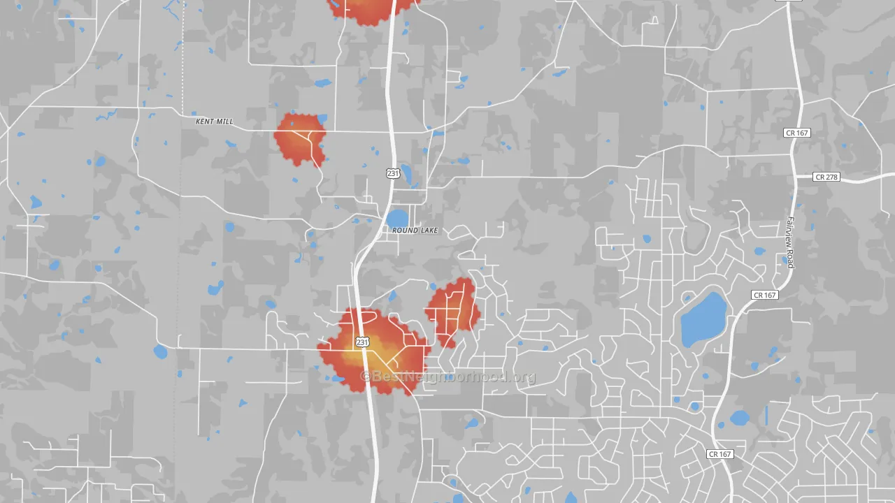 Walk Grade map of 32420, FL, walkable areas in green and car-dependent areas in red