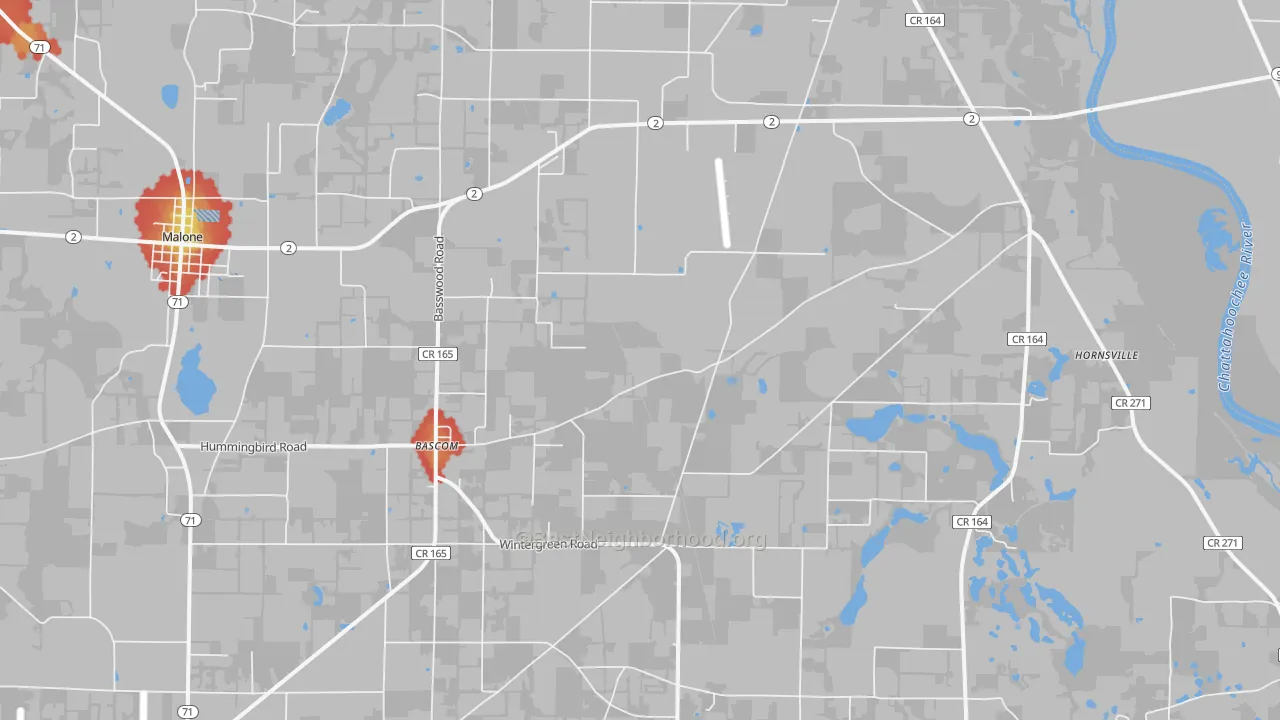 Walk Grade map of 32423, FL, walkable areas in green and car-dependent areas in red