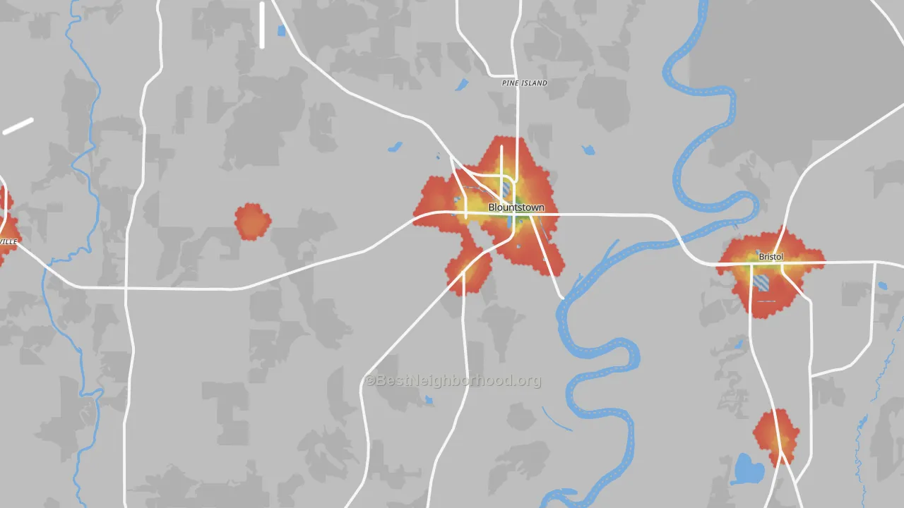 Walk Grade map of 32424, FL, walkable areas in green and car-dependent areas in red