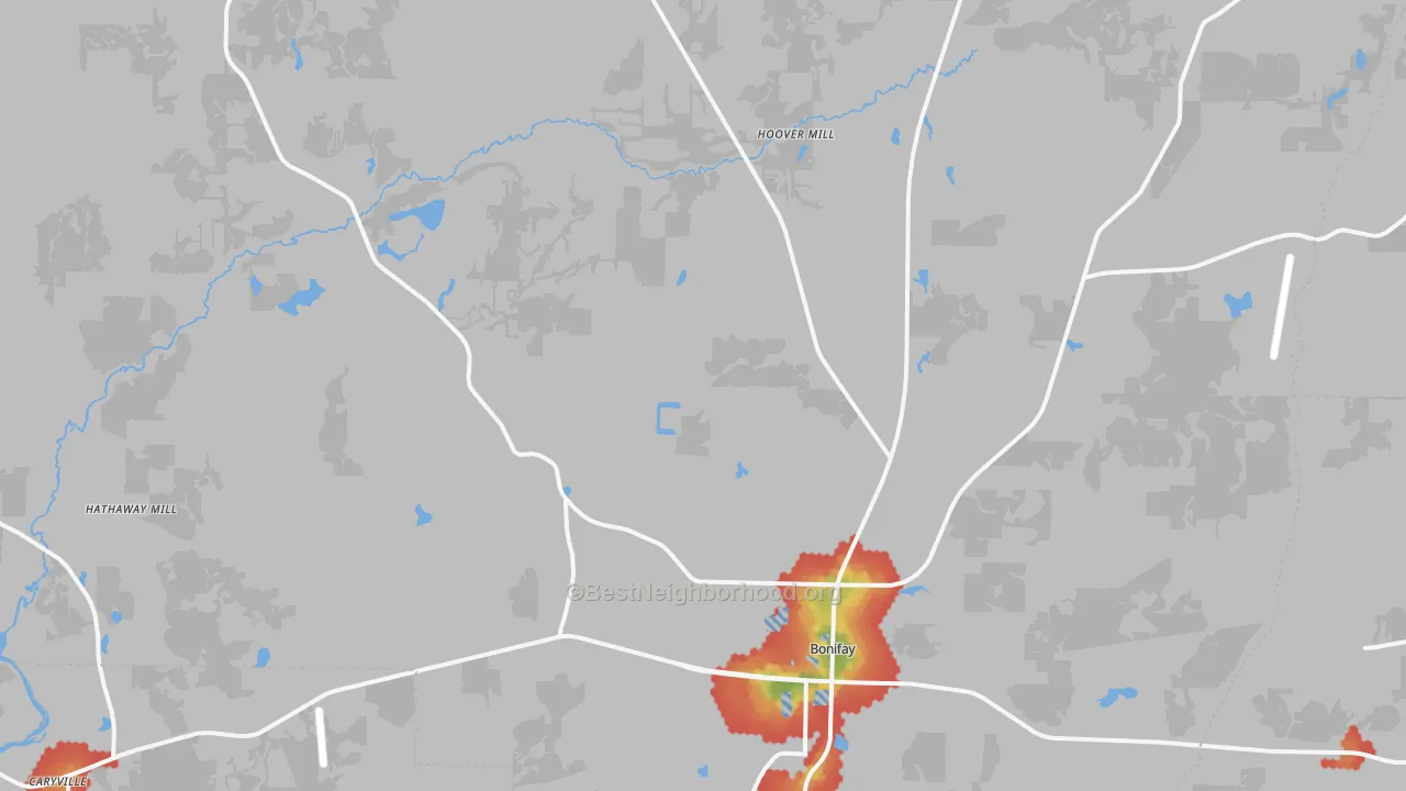 Walk Grade map of 32425, FL, walkable areas in green and car-dependent areas in red